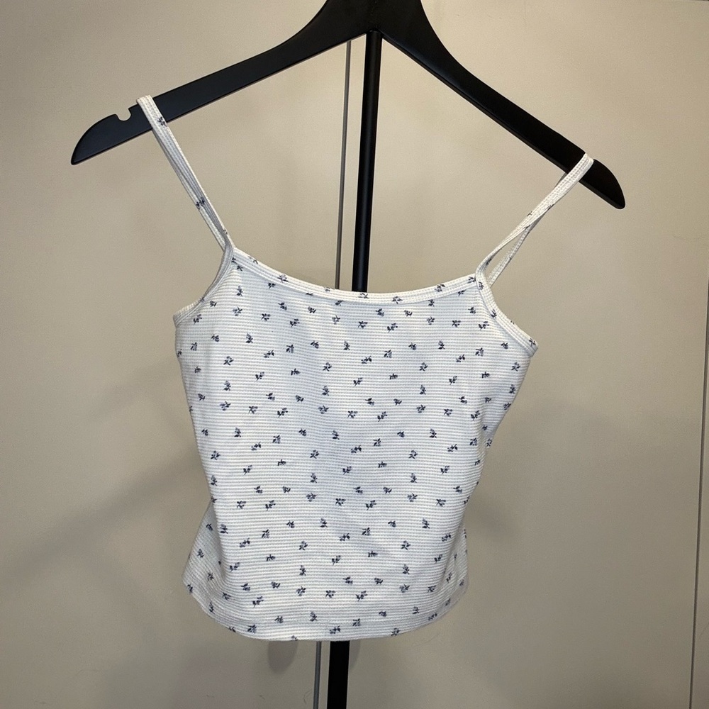 Garage White Ribbed Cami with Small Navy Floral Print